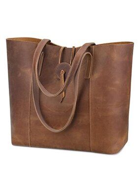 Vintage Top Grain Crazy Horse Leather Large Tote Shoulder Bag Women Brown